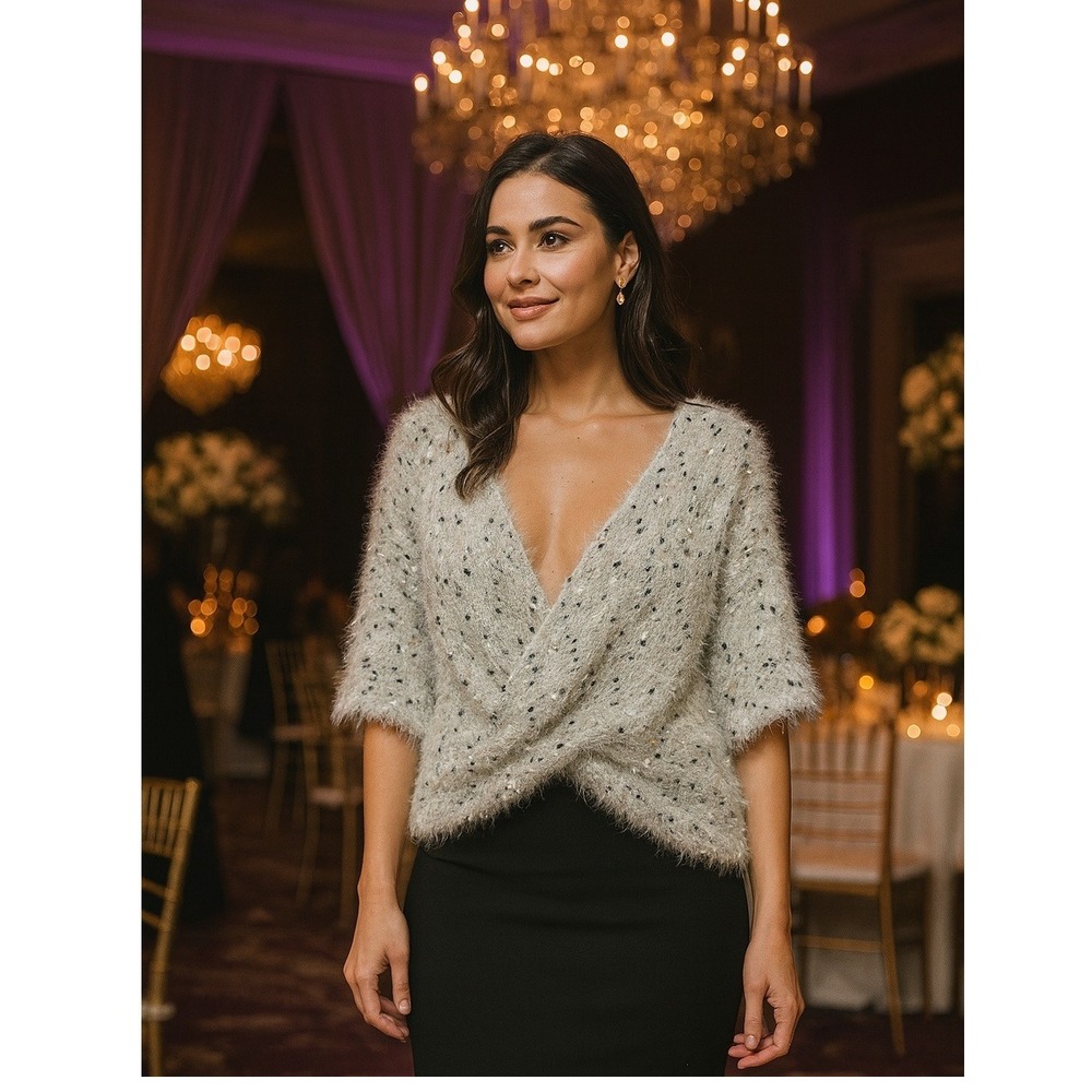 Anthropologie Marled Fuzzy Twist Front Sweater Silver Black Gold‎ One Size